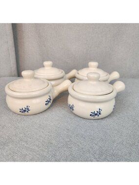 Vintage Glazed Stoneware Lot 4 Handle Crocks Beige Blue Floral French Onion USED